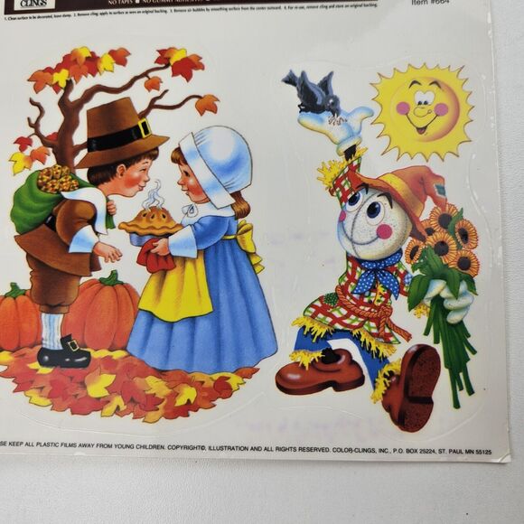 Vtg Christmas Santa Puppy Fall Thanksgiving Autumn Clings Window USA Lot Of 2 - Picture 5 of 7